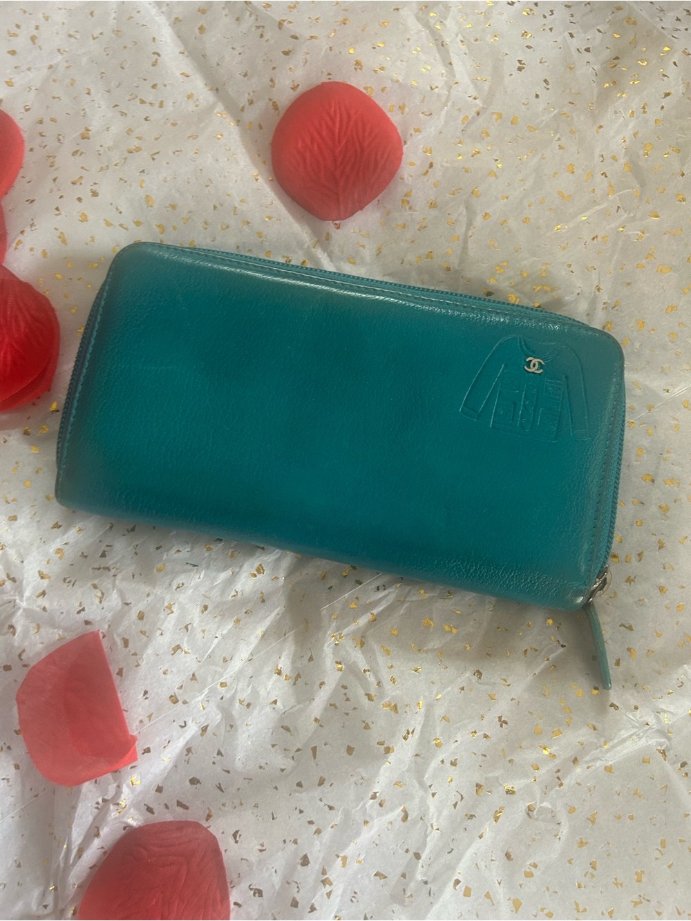 CHANEL Embossed Jacket Goatskin Zip Wallet Turquoise Blue